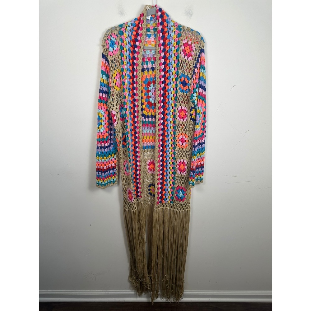 Love Sense Cardigan Womens Small Multi Color Excellent Granny Square Boho Fringe